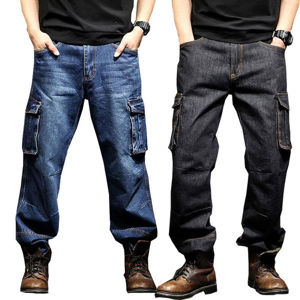 

jeans men 2021 summer multi-pocket overalls men's black loose straight large size 29-46 wear-resistant biker, Blue