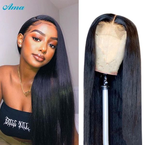 

lace wigs straight wig brazilian 4x4 closure human hair for black women 180% density remy pre plucked with baby, Black;brown
