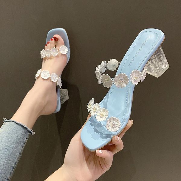 

slippers transparent heel sandals women pvc open toe shoes summer sweet flowers clear zapatos mujer, Black