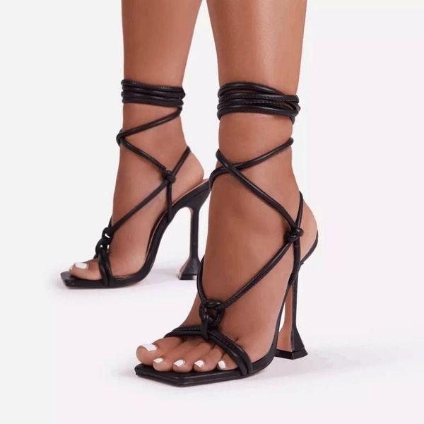 

sandals 2021 fashion lace up women square toe thin heel sandal shoes cross tied party pumps high heels shoe size 35-42, Black