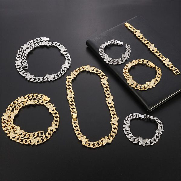 

chains hip hop 13mm iced out paved rhinestones miami curb butterfly cuban chain cz bling rapper necklace bracelet for men women jewelry, Silver