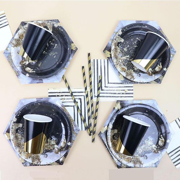 

65pcs/set bronzing black marble color disposable tableware sets paper plate cup gold straw for birthday wedding party decor dinnerware