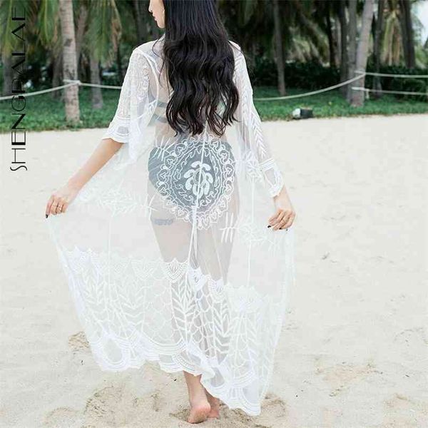 

lace embroidery hook beach sunscreen women's summer v-necl loose short sleeve cardigan shirt female 5c488 210427, White