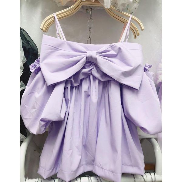 

women's blouses & shirts off-shoulder strap slash neck shirt blouse female korean style 2021 summer bow sweet blusas mujer de moda, White