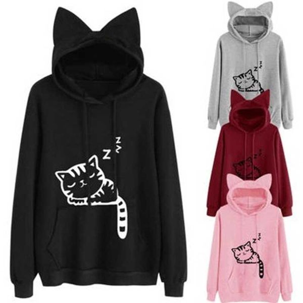 

hoodiesautumn selling loose fleece printed cat sweater four colors, Black