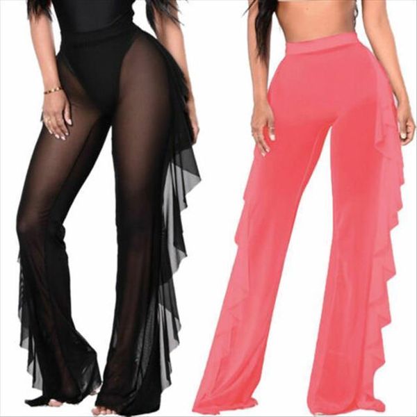 

plus size mesh womens pants sheer bikini cover up long trousers beach swimwear, Black;white