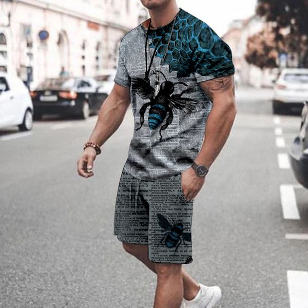 

bee pattern mens sports suit short sleeve tshirt with shorts comfortable breathable dry daily leisure sports, Gray