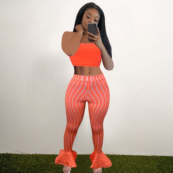

fashion women striped printed two-piece holiday beach strapless backless crop high waist bodycon ruffles pants set, Gray
