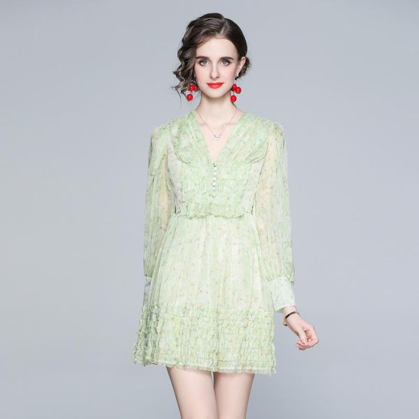 

casual dresses women summer designer elegant floral v neck lantern sleeves cocktail party robe female vintage ruched ruffles dress vestidos, Black;gray