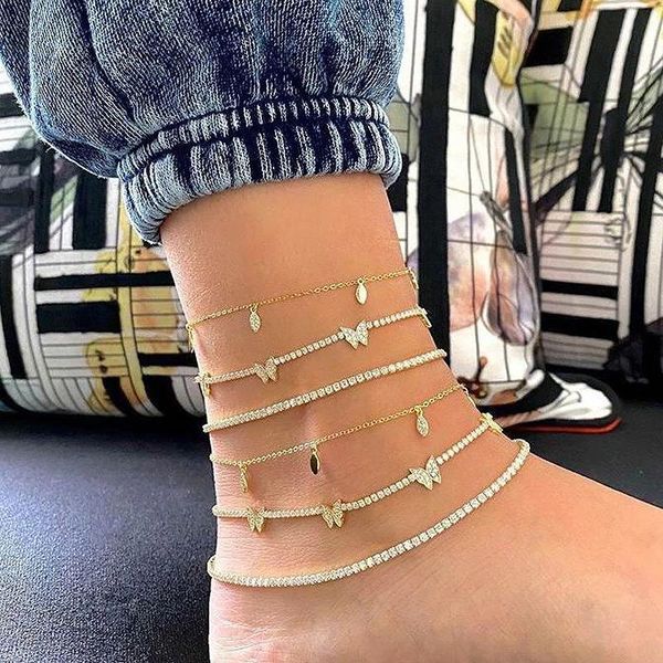 

anklets caraquet iced out crystal tennis chain butterfly anklet for women charm luxury gold silver color foot bracelet fashion jewelry, Red;blue