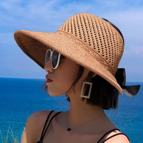 

woman's sun hats female empty bowknot visor caps hand made raffia straw summer cap casual shade hat girls adjusted beach outdoor, Black;white