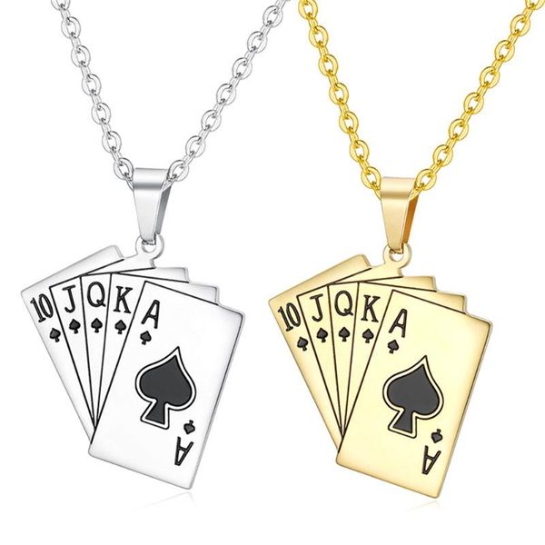

pendant necklaces men's cool poker flush male gold color stainless steel playing cards necklace lucky gifts for men jewelry, Silver