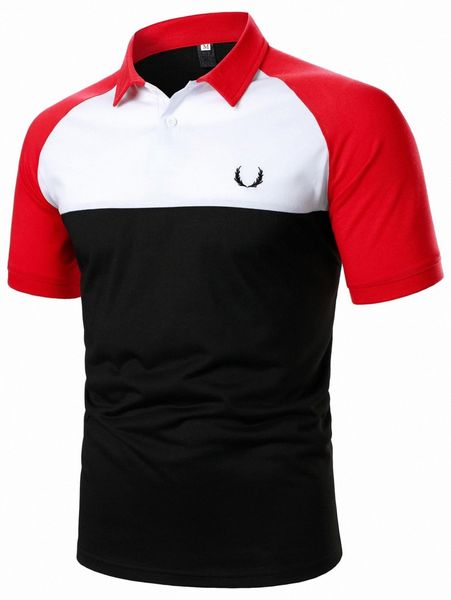 

men color block antler embroidery raglan sleeve polo shirt k0hw#, White;black