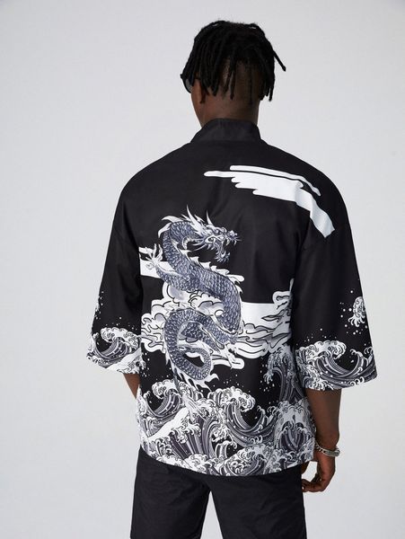 

men dragon and waves print kimono v6su#, White;black