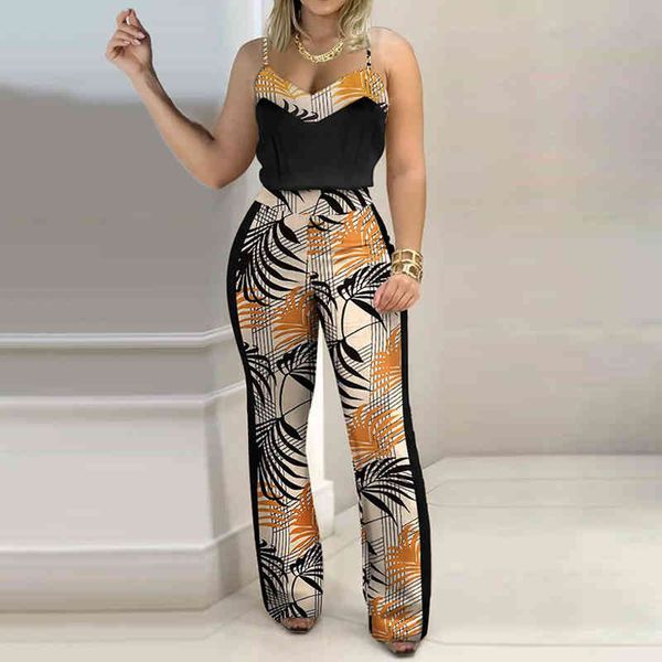 Verão Personalizado Sling Casual Cintura Apertado V Pescoço Strap Top Long Pant Jumpsuit Jumpsuit Macacões 210521