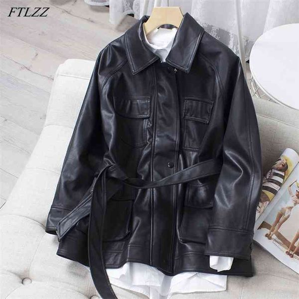 

spring women motorcycle leather jacket elegant tie belt waist pockets buttons coats slim zipper pu 210430, Black