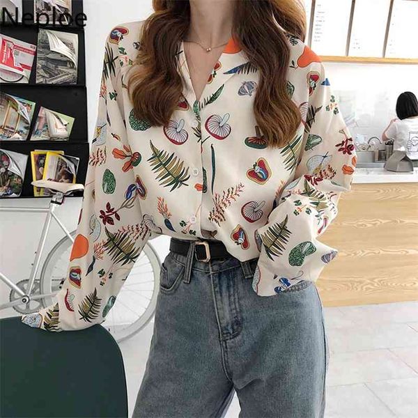 

neploe harajuku print shirts women fashion single breasted long sleeve blouse spring fashion casual female blusa 1d122 210423, White