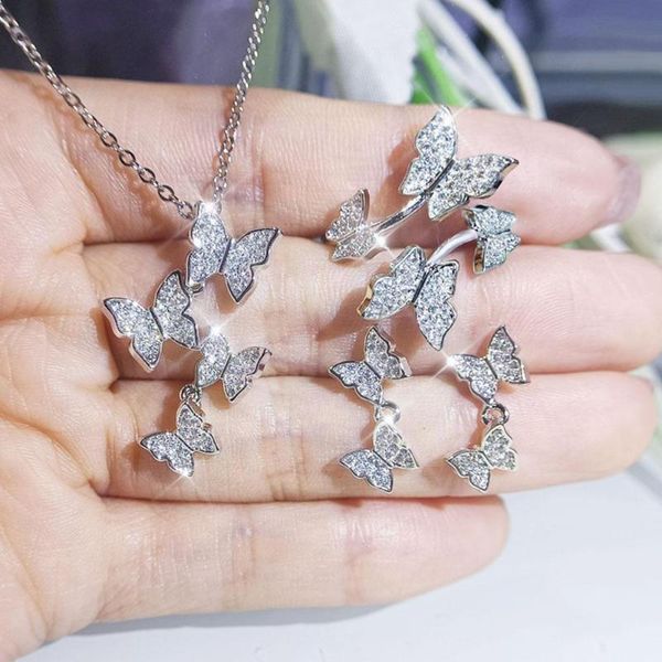 

chains fashion butterfly pendant diamond clavicle chain earrings ring style jewelry three-piece retro g3k8, Silver