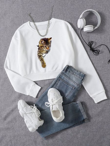 

3d cat print thermal pullover s6c5#, White;black