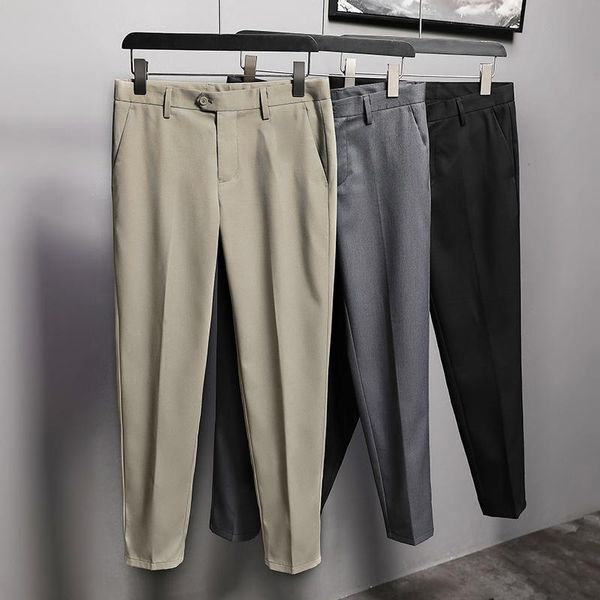 

men's pants korean fashion summer ankle length mens suit casual male slim fit wrinkle classic black trousers