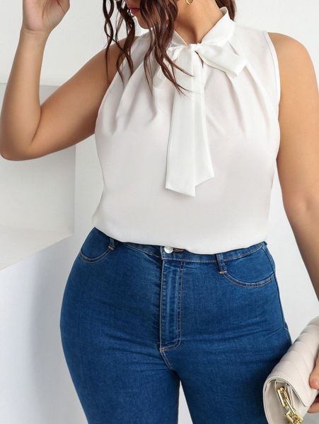 

plus solid sleeveless tie neck blouse o2vk#, Black