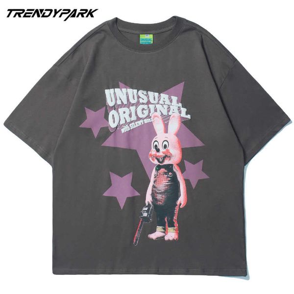 

men's t-shirt horrific rabbit hip hop summer short sleeve oversized cotton casual harajuku streetwear tee tshirts clothing 210601, White;black