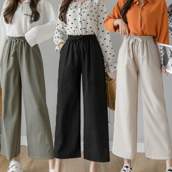

casual cotton linen spring womens capris high waist wide leg summer office band palazzo trousers female black loose, Black;white