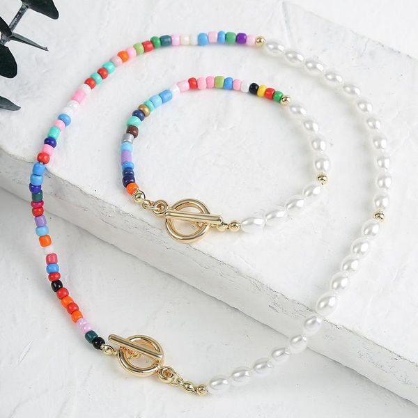 

earrings & necklace origin summer boho multicolor faux pearl beaded chokers for women asymmetry polymer clay toggle clasp jewelry, Silver