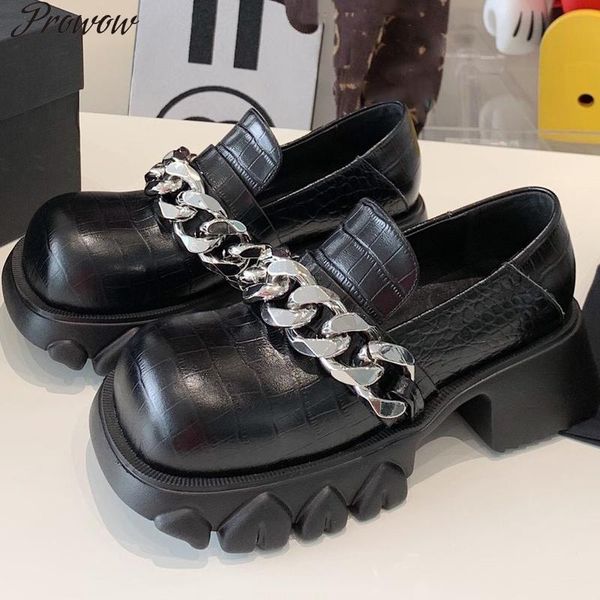 

dress shoes prowow women japanese style vintage thick chain high heels waterproof platform, Black