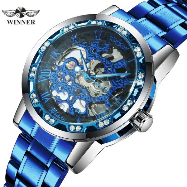 

wristwatches winner official watch men fashion blue skeleton mechanical watches crystal business casual wristwatch steel strap, Slivery;brown