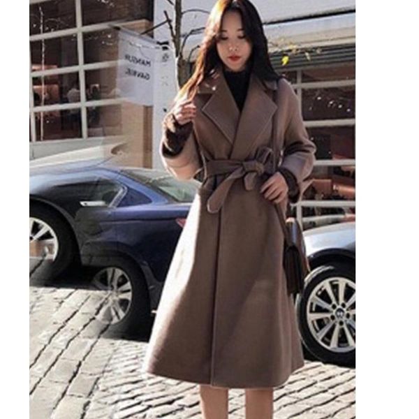 

women's wool & blends 2021 autumn winter woolen coat women fashion solid color medium long plus size casual belted coats cc1152, Black