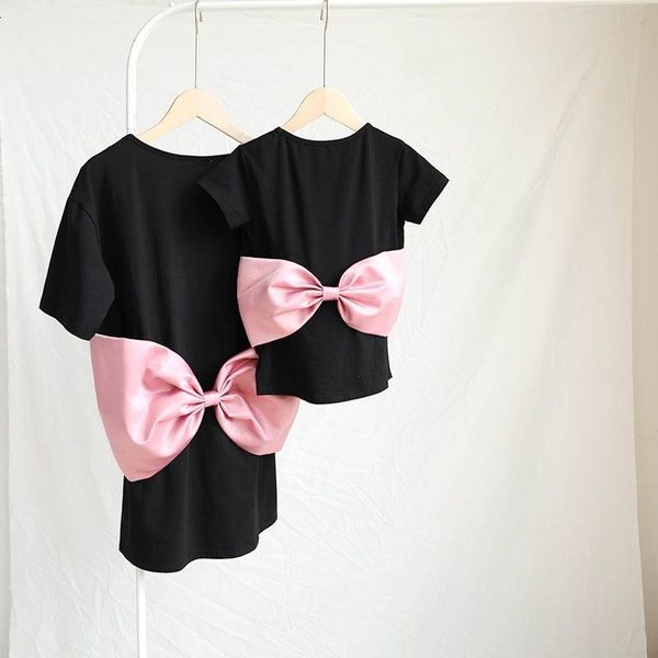 

family matching outfits big bow mother and daughter t-shirt black cotton short sleeve parent-child clothes e7116 pv9e, Blue