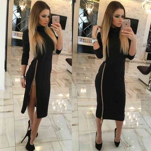 

high neck autumn women casual dress side zipper up split party dresses long sleeve straight vestidos 210607, Black;gray