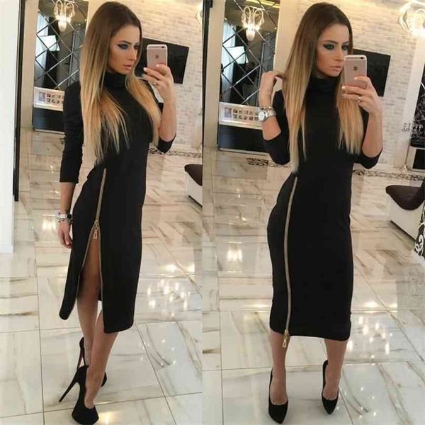 Alto pescoço outono mulheres vestido casual lado zíper up split split sexy vestidos de festa de manga longa vestidos retos tops 210607