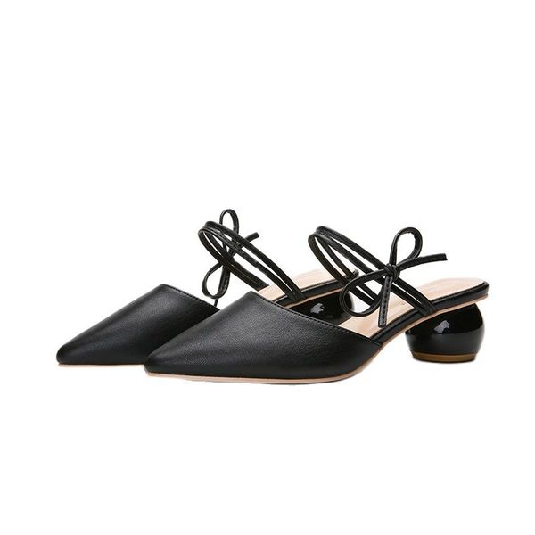 

sandals summer 2022 bowknot soft leather shoes womens pointed casual wear slippers thick heel muller baotou elegant lday, Black