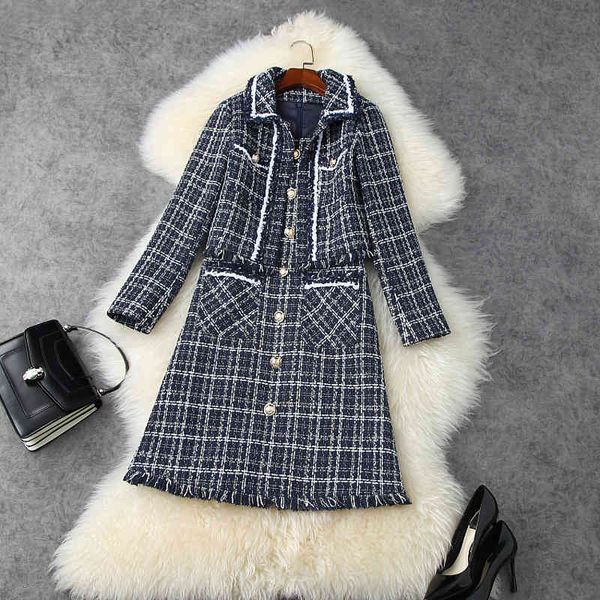 

casual dresses fall autumn long sleeve lapel neck blue plaid tweed jacket + sleeveless pockets knee-length dress two piece 2 pieces set lo22, Black;gray