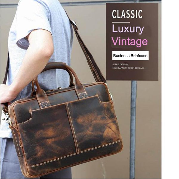 

luxury italian cowhide leather briefcase men business fashion shoulder travel lapbag 15.6" large capacity ykk metal zippers briefcases