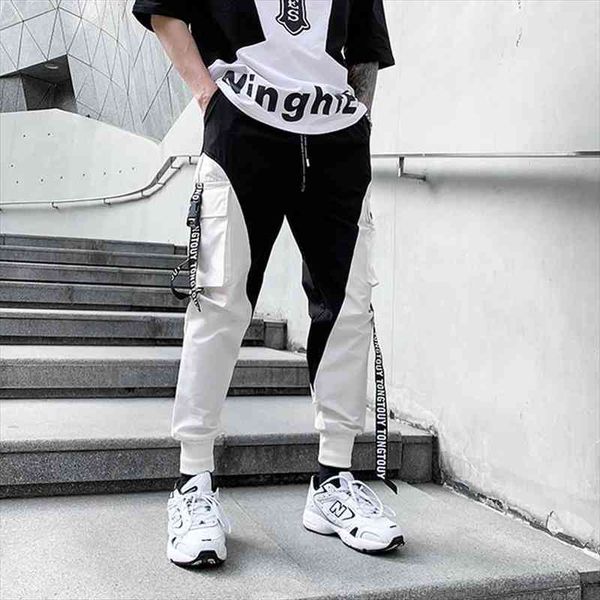 

streetwear patchwork cargo joggers women pants sweatpants fashion trousers hip hop ribbon design harajuku pant male hg090, Black
