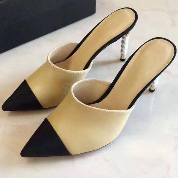 

dress shoes brand designer women high heels pump classics slippers thin heel shoe real leather mix color pointed toe lady mules, Black