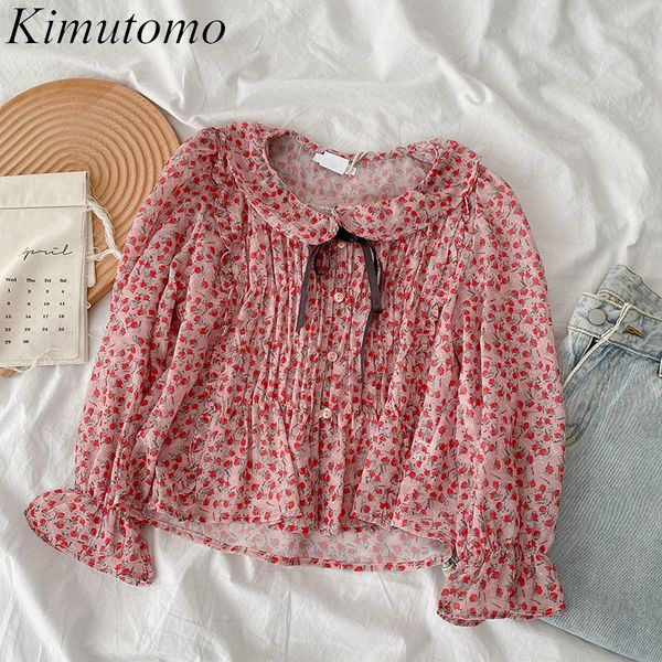 

kimutomo floral print blouse women spring peter pan collar flare sleeve lace-up single breasted shirt casual fashion 210521, White
