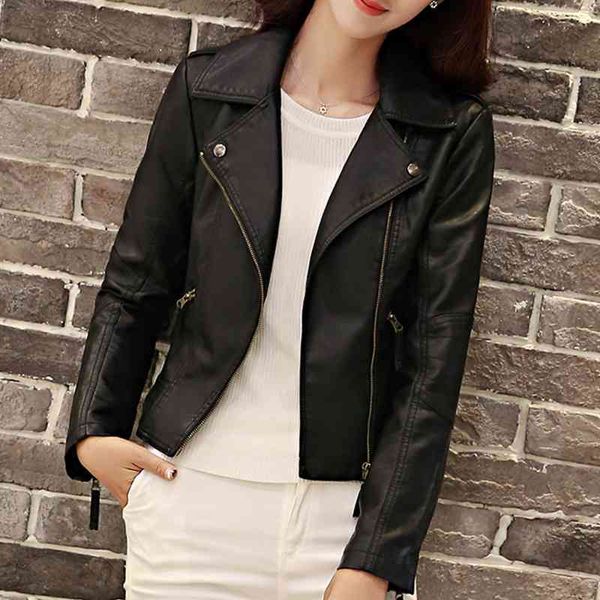 

2018 spring locomotive women's short lapel leather jacket pu, Black