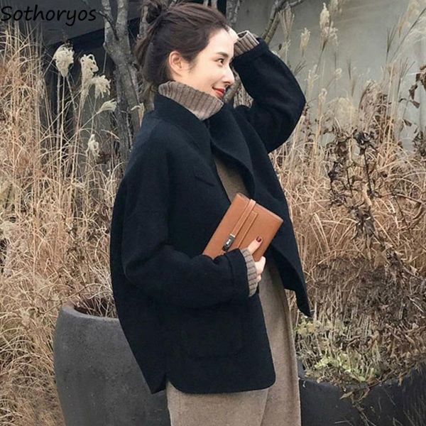 

women's wool & blends women regular thicker black pocket plus size 3xl womens loose all-match outwear chic fashion casual winter overco
