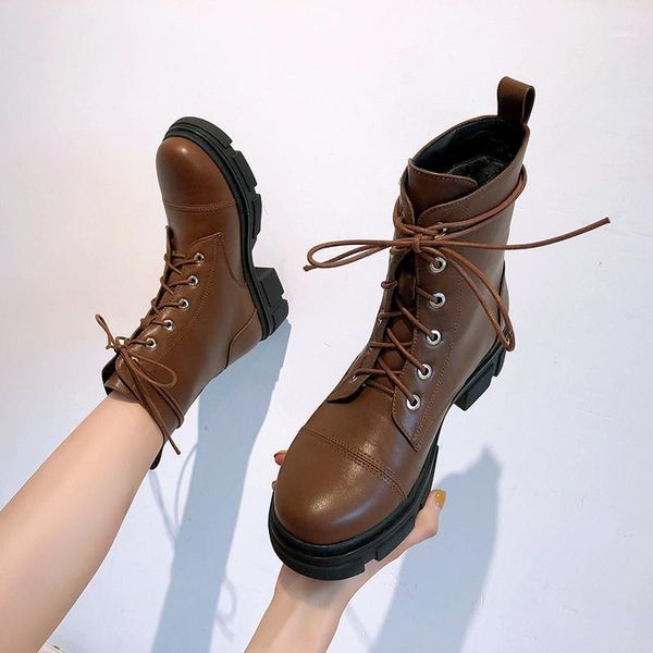 

boots ymechic 2021 fashion black brown lace up chunky heels womens shoes ankle biker motorcycle platform bootie female 33-4111