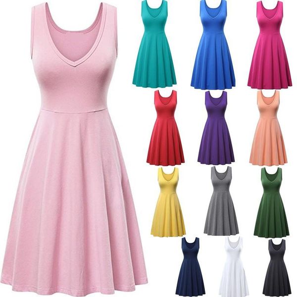 

women v-neck pocket summer dress 2021 solid color women's sleeveless midi dresses plus size beach vest vestido de mujer casual, Black;gray