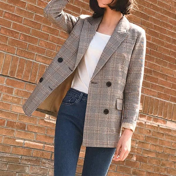 

women's suits & blazers plaid vintage notched blazer coats long sleeve double breasted female jacket spring office lady outerwear xgq3, White;black