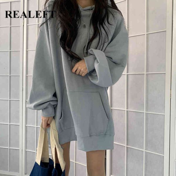 

autumn winter minimalist women's hooded oversize long sweatshirts pockets sleeve solid outwear female 210428, Black