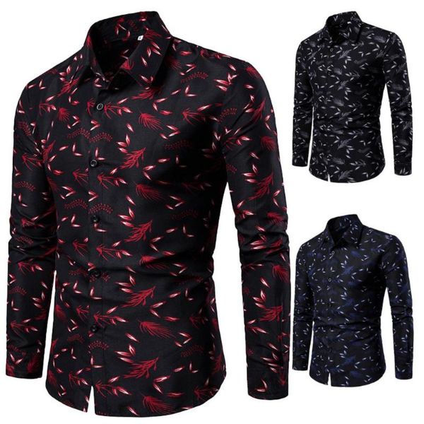 

men's casual shirts mens turn down collar long sleeve leaf print slim plus size shirt men fashion male social business dress, White;black