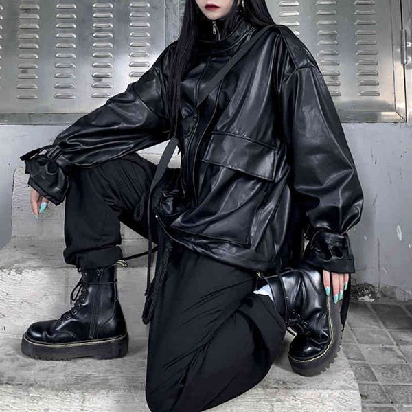 

women's leather & faux korean black leather jacket female, zipper motorcycle harajuku design, spring , high street streetwear y2k 688h