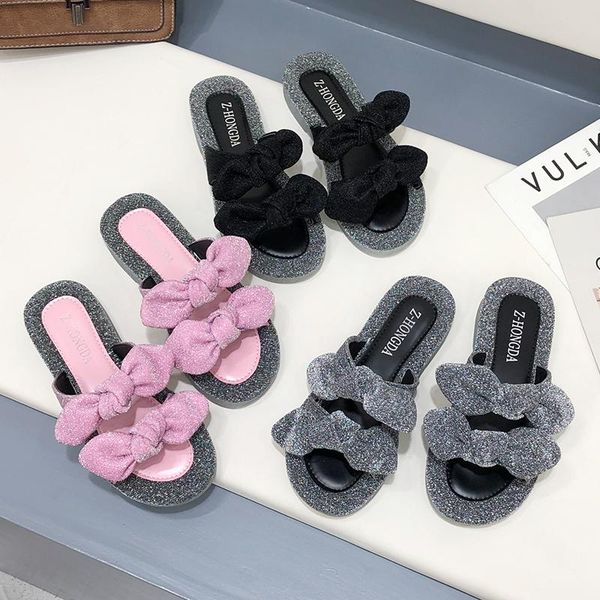 

slippers bow women slipper sequins sandal summer open toe platform slide ladies fashion hollow light slip on sandals woman shoes, Black