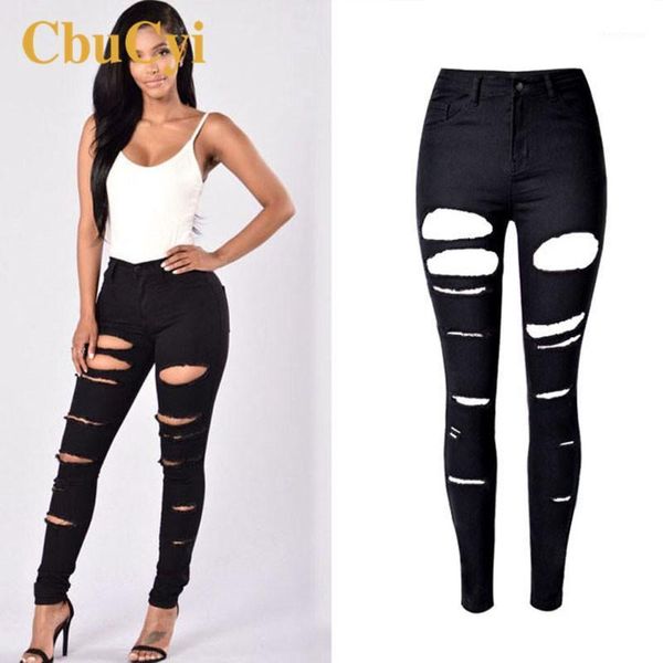 

women's jeans cbucyi high waist large size skinny ripped hole denim pants trousers women casual stretch pencil, Blue